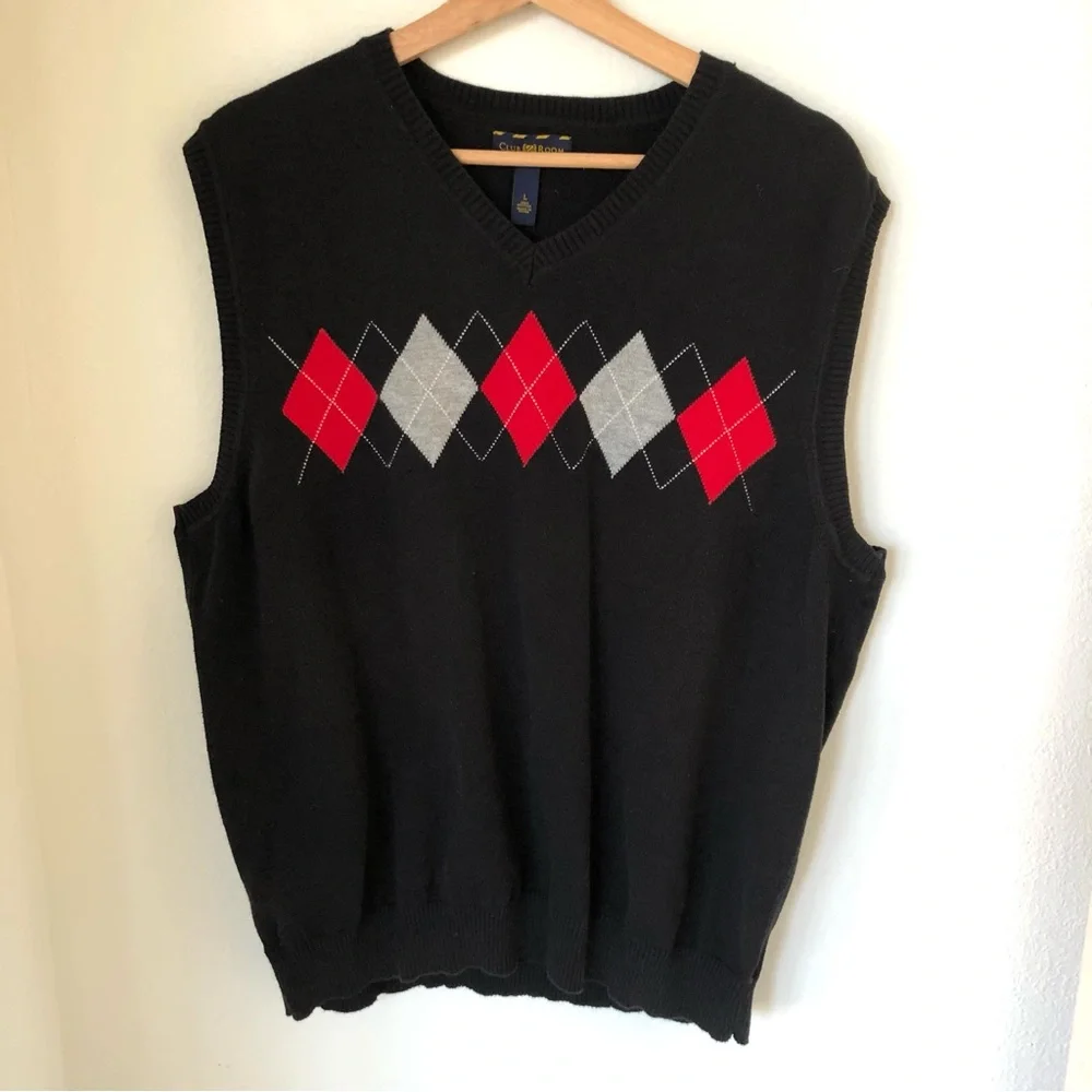 Club Room Men’s Argyle Sweater Vest L 100% Cotton Black Red Gray